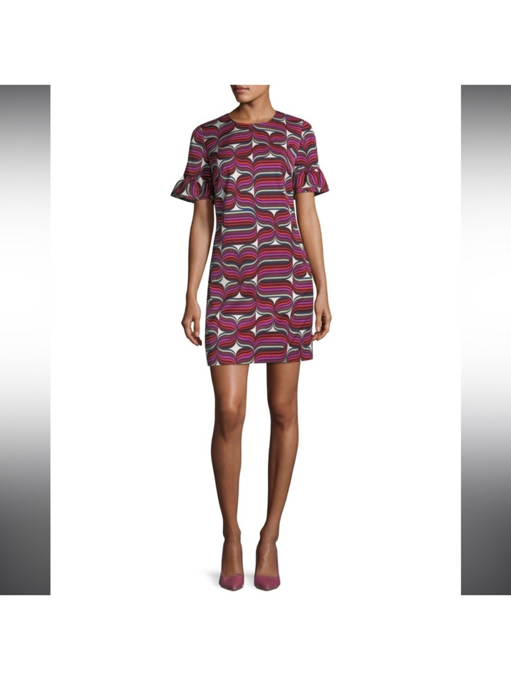 Trina Turk Pink Multi-Stripe Ruffle Sleeve Dress